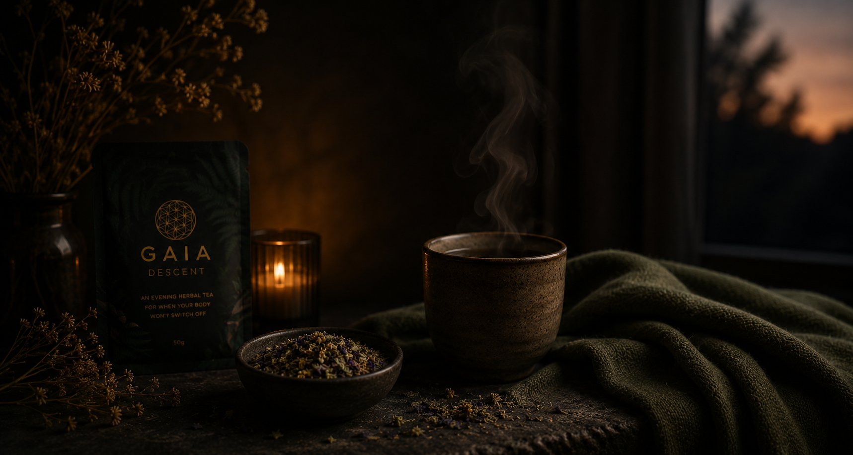 Gaia Naturals product with a steaming cup, candles, and dried plants in a dimly lit setting.