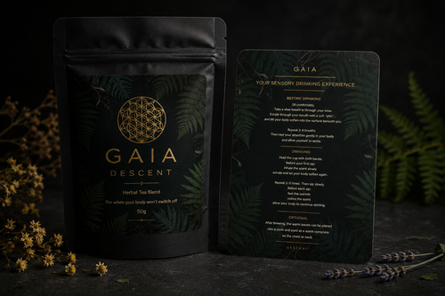 GAIA Descent tea packaging with leaf design on a dark background
