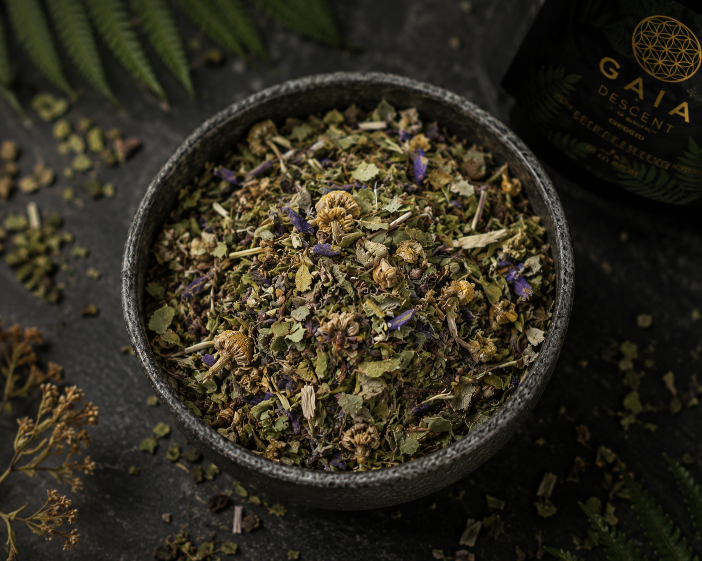 Herbal tea leaves in a bowl with Gaia Organics packaging in the background