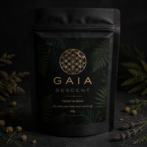 Black tea packaging with 'Gaia Descent' branding on a dark background with herbs.