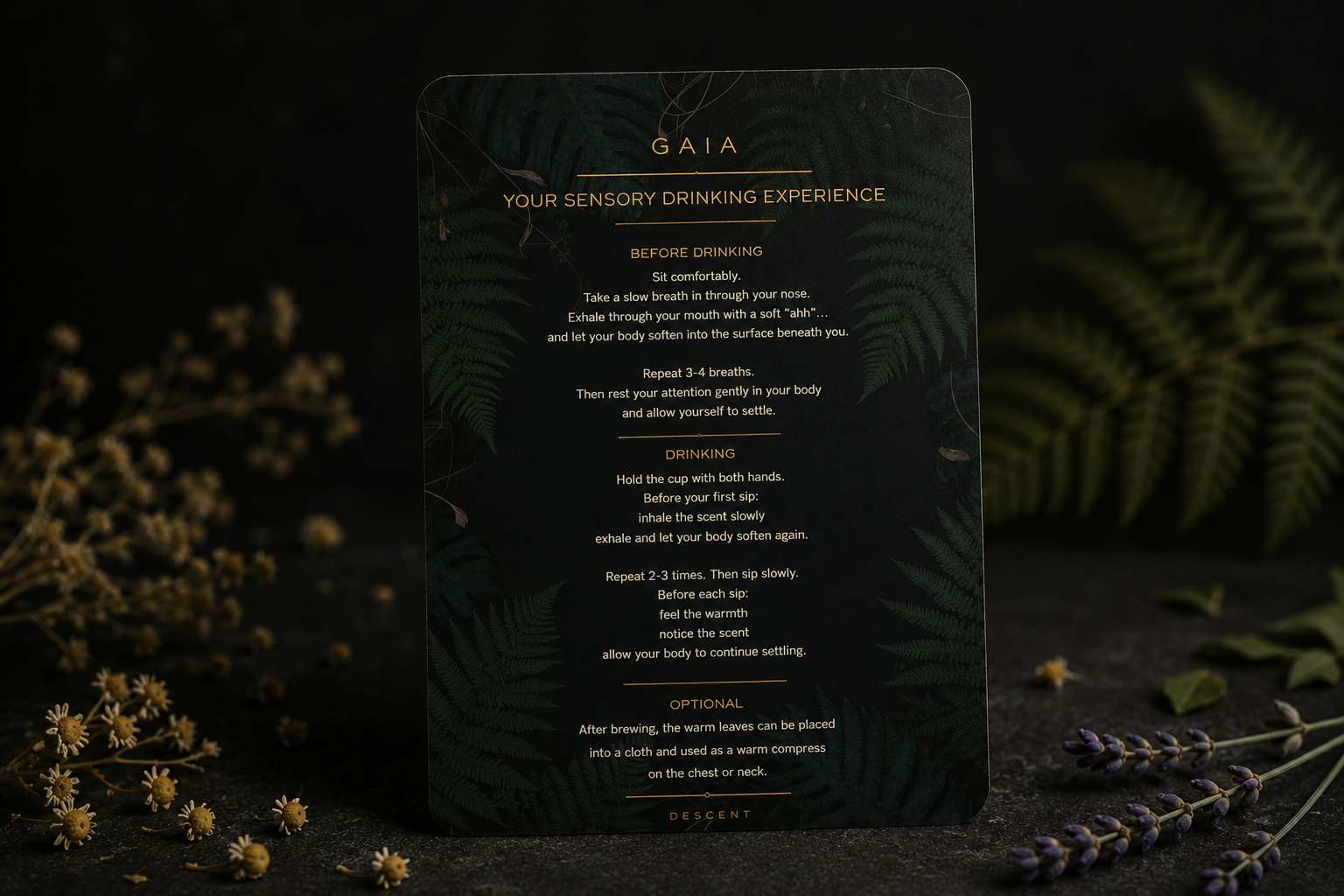 Card with text on a dark background with plants